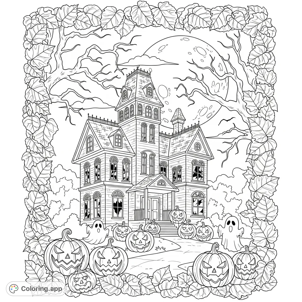 Explore a spooky Halloween scene featuring a haunted house, glowing jack-o'-lanterns, a full moon, and a detailed autumn leaf border. Perfect for festive coloring!