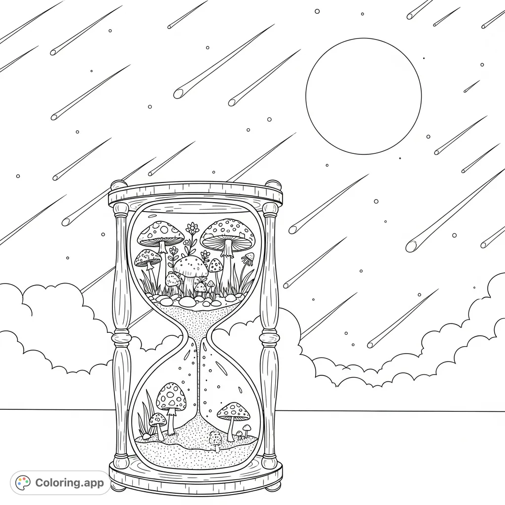 A captivating moonlit hourglass, revealing a whimsical mushroom forest within its glass. Perfect for a magical coloring adventure.