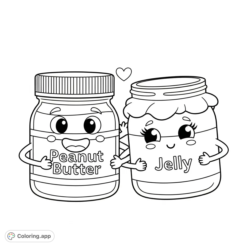 A charming and humorous couples tattoo coloring page featuring two anthropomorphic jars, Peanut Butter and Jelly, sharing a sweet connection. Perfect for expressing affection.