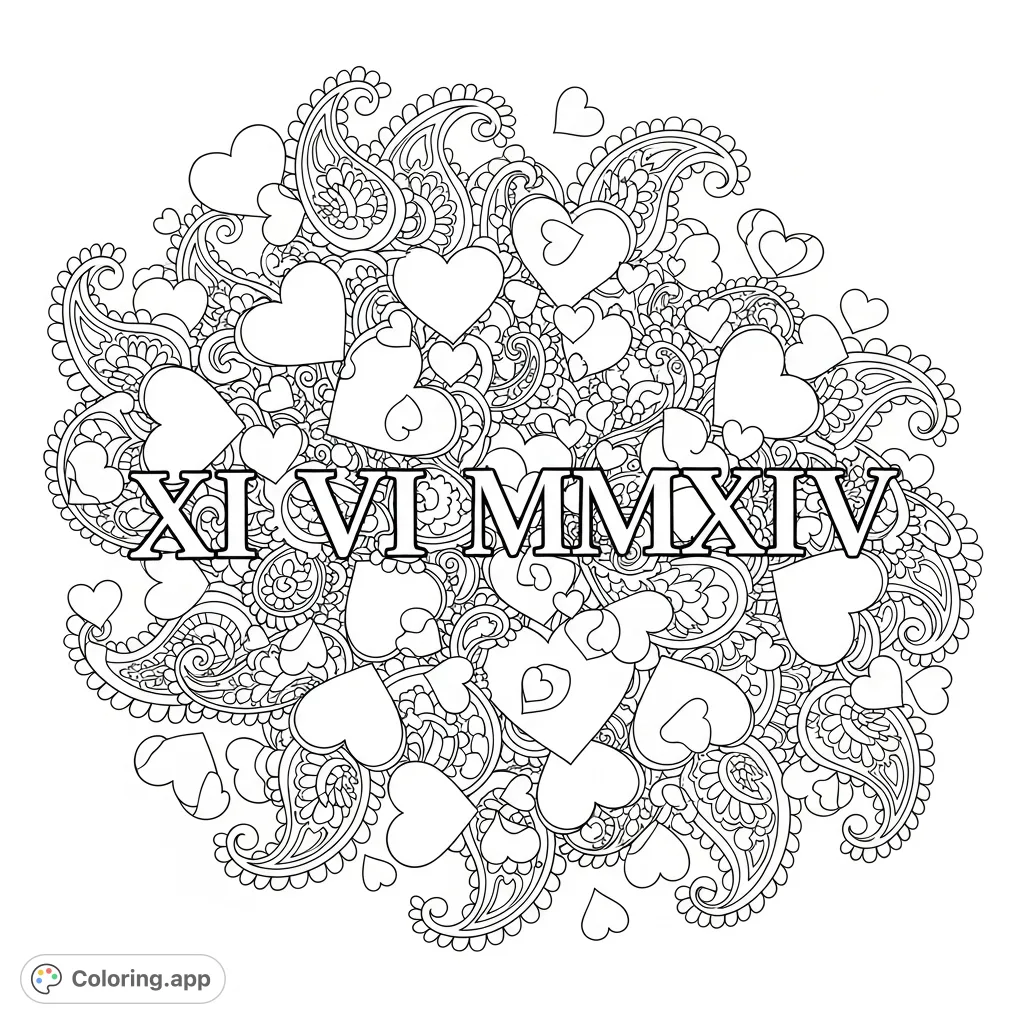An intricate coloring page featuring the Roman numerals XI VI MMXIV, surrounded by a detailed background of abstract hearts and flowing paisley patterns.