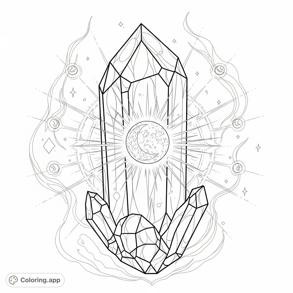 Discover a magical fantasy crystal with a shining moon, perfect for a mystical coloring adventure. Unleash your creativity on this enchanting design.