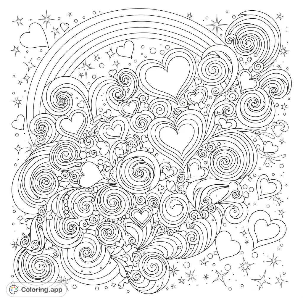 A captivating abstract design featuring dynamic swirls, scattered hearts, shimmering sparkles, and an arching rainbow. Perfect for an abstract coloring page.