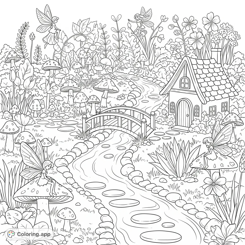 Discover a magical fairy garden coloring page with a winding creek, charming cottages, and tiny fairies nestled among flowers and toadstools. Perfect for enchanting creativity.