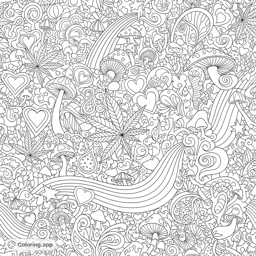 A whimsical coloring page featuring an intricate flow of mushrooms, paisleys, hearts, stars, pot leafs, and rainbows, creating a dynamic and enchanting design.