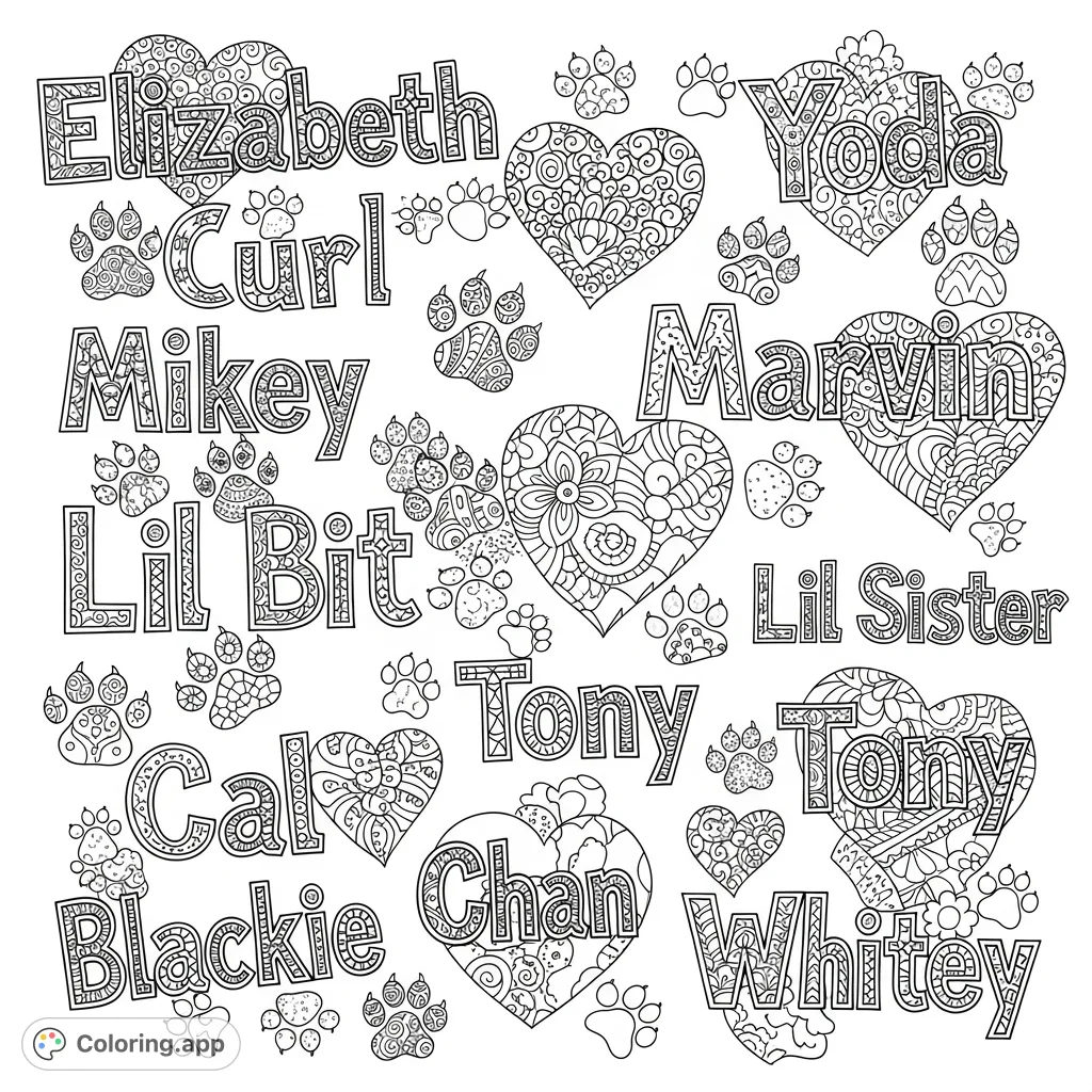 Explore a whimsical zentangle coloring page featuring names like Yoda and Salem, intertwined with intricate cat paws and hearts. A detailed, meditative design.