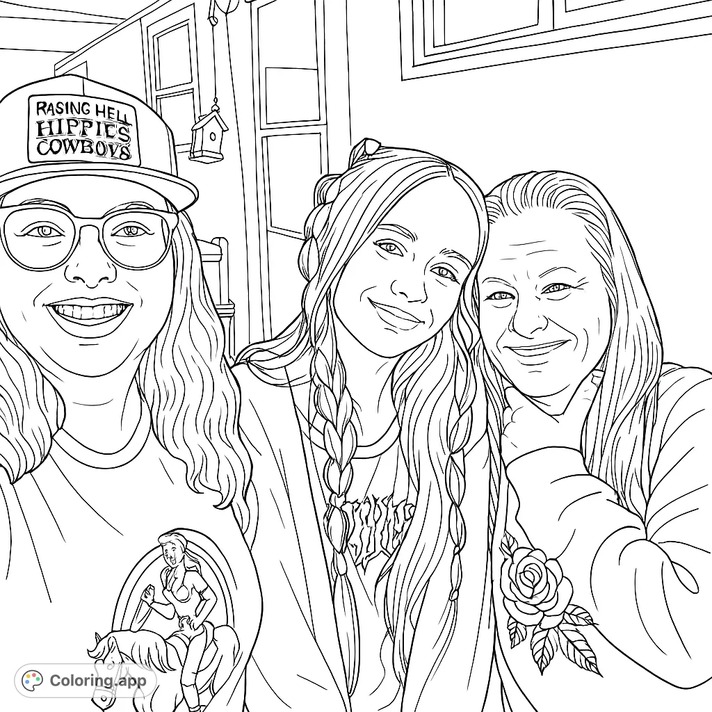A heartwarming portrait of three smiling women, perfect for a free printable coloring page. Features detailed hair, clothing, and a cozy background.