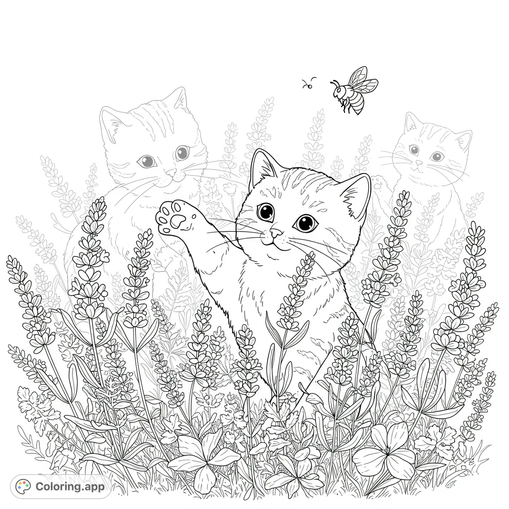 A charming kitten playfully reaching for a bee in a field of detailed lavender flowers, with two faint kittens in the background. A delightful nature scene.