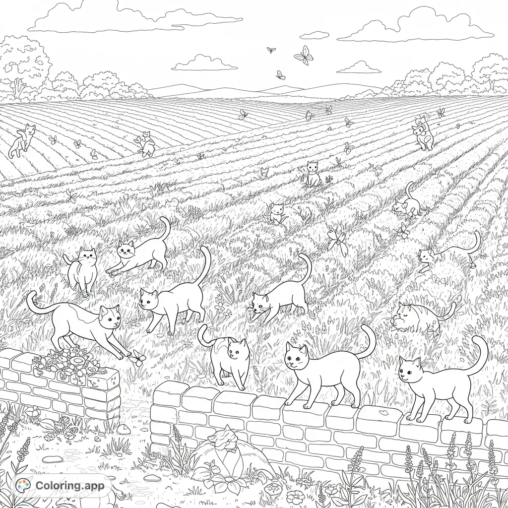 A charming cats in lavender field coloring page featuring playful felines, butterflies, and a scenic landscape. Free printable coloring page for kids and adults.