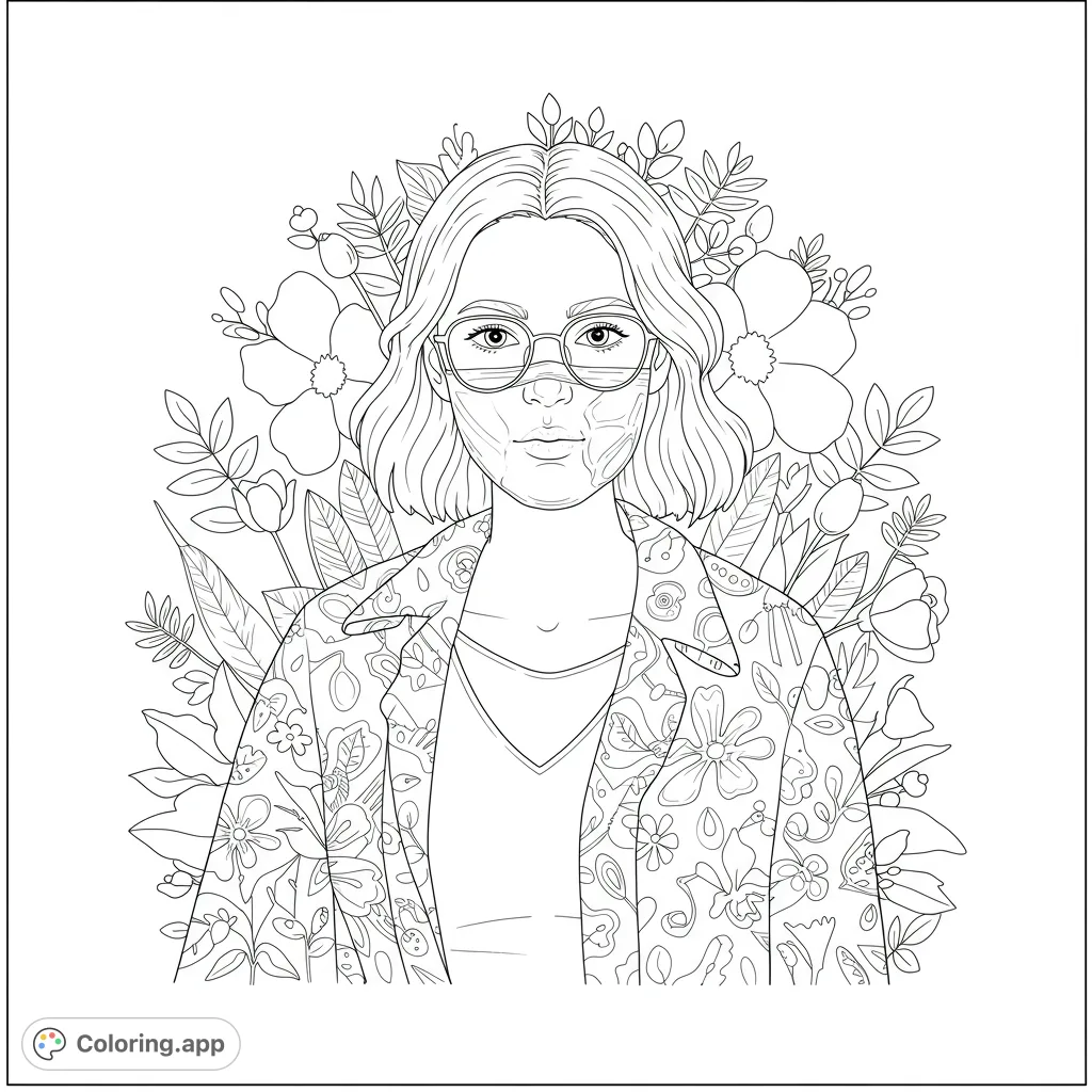 A captivating floral portrait coloring page featuring a stylish woman with glasses amidst lush botanical patterns. Perfect for creative expression.