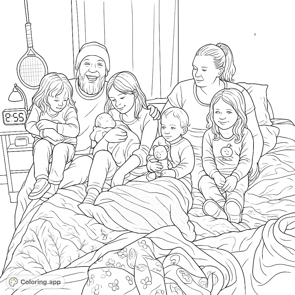 Capture a heartwarming family moment with a father, mother, and their four children, including a newborn, gathered on a bed. A sweet family coloring page.