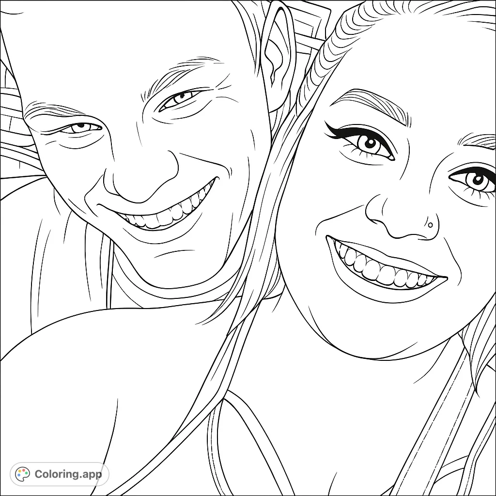 A heartwarming portrait of two broadly smiling individuals, perfect for personalizing with vibrant colors. Celebrate connection and joy with this free printable coloring page.