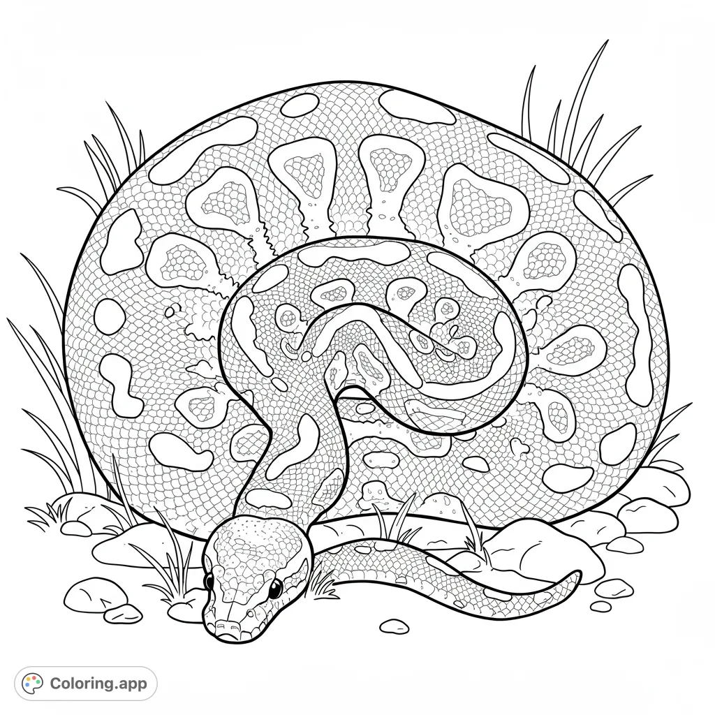 A detailed coiled python coloring page, featuring intricate scale patterns and natural surroundings. A free printable coloring page for reptile enthusiasts.