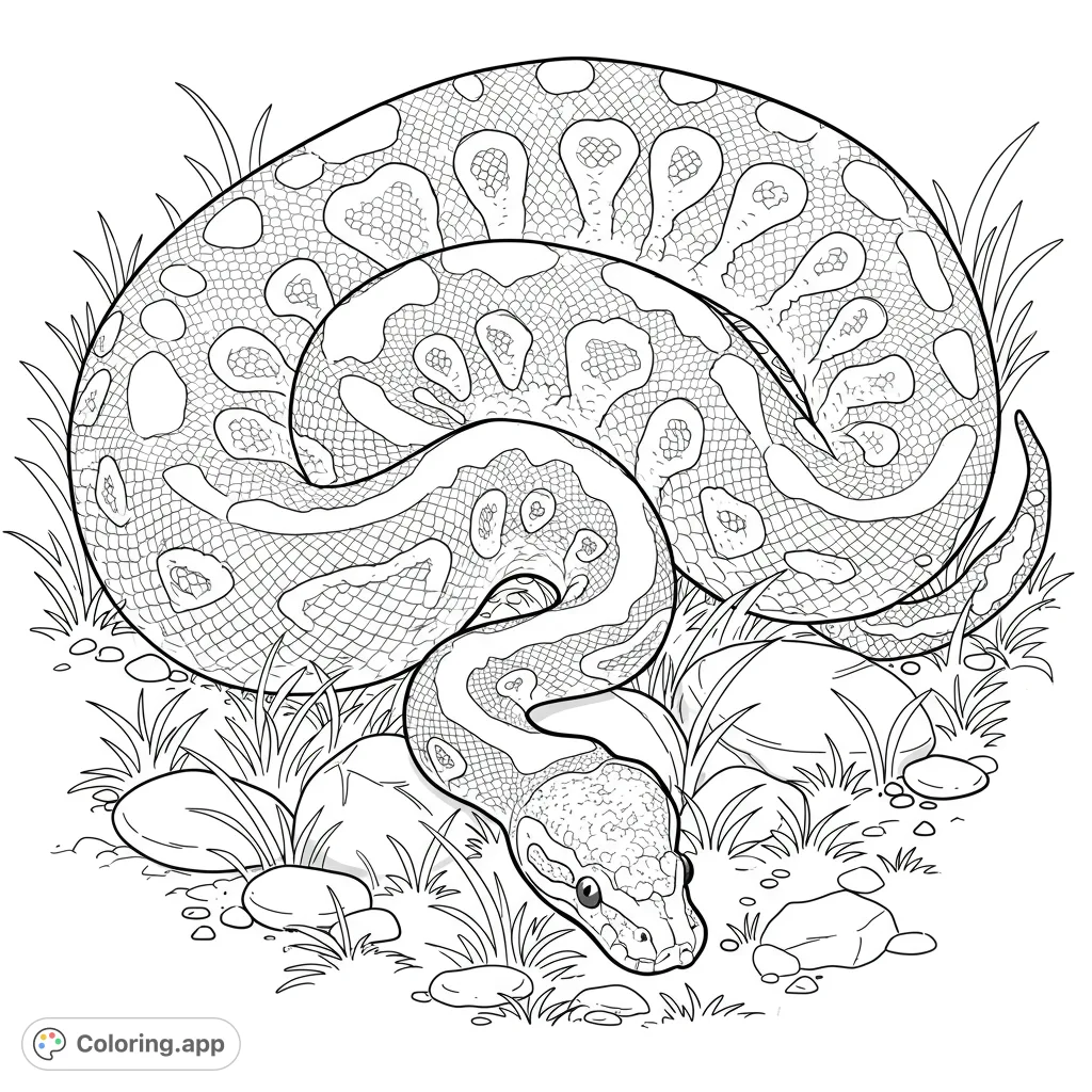 An intricate python coloring page, coiled in grass and rocks. Features detailed scales, perfect for nature and animal enthusiasts. Free printable coloring page.