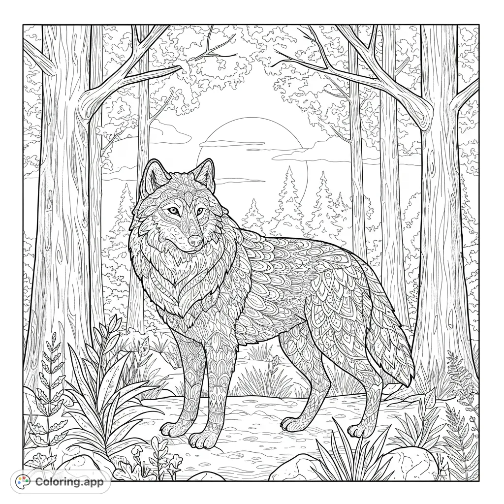 A majestic patterned wolf stands in a detailed forest under a full moon. This intricate wolf coloring page offers a challenging and rewarding artistic experience.