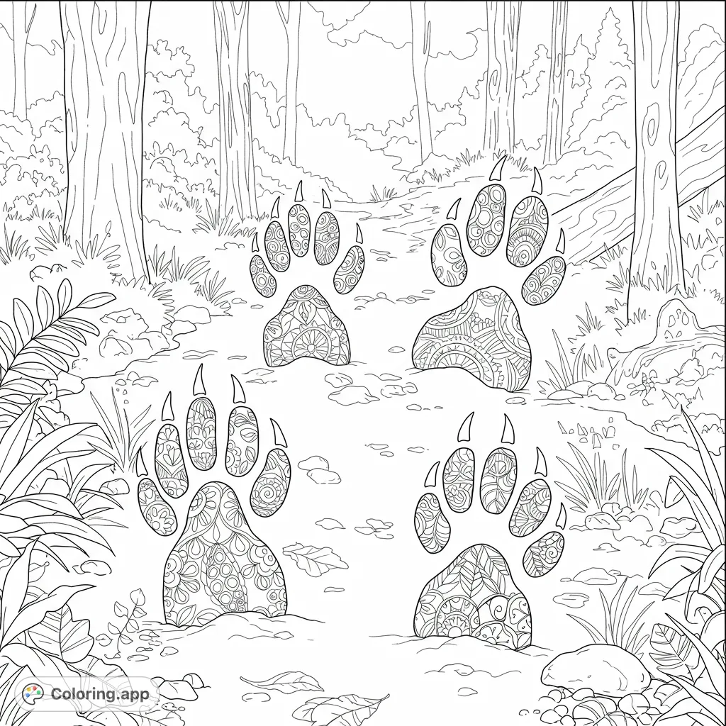 Discover intricate mandala paw prints on a serene forest path. A detailed nature coloring page for mindful relaxation and creative expression.