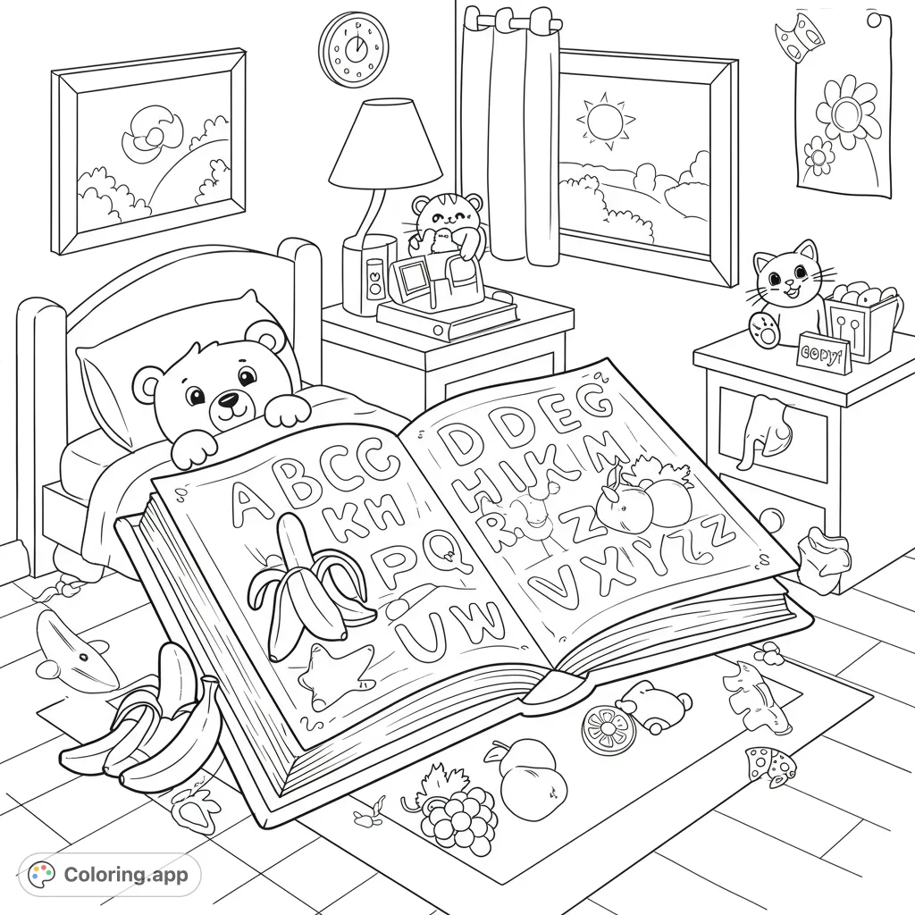 A charming alphabet learning coloring page featuring a cozy bear reading a giant ABC book, surrounded by playful objects in a bright room.