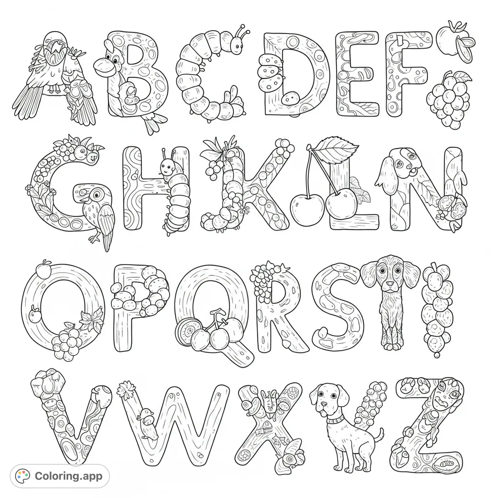 Explore the whimsical alphabet coloring page! Each uppercase letter is adorned with charming animals, fruits, and nature elements for creative fun.