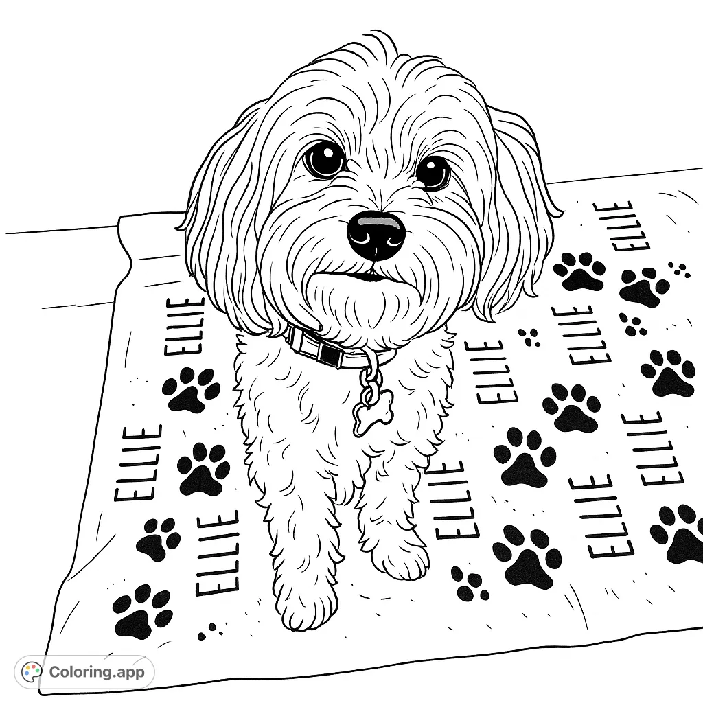 An adorable fluffy dog with big eyes stands on a patterned mat, ready for a fun coloring adventure. Perfect for pet lovers!