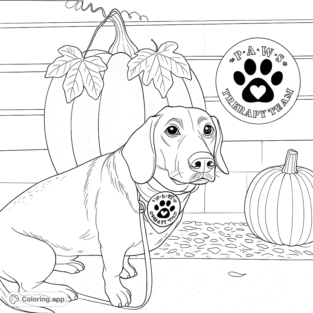 A charming autumn scene featuring a friendly dog sitting among pumpkins and scattered leaves, perfect for a cozy fall coloring page.