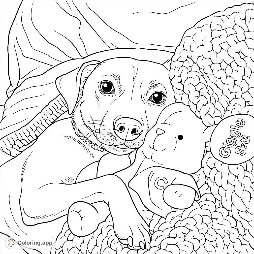 A heartwarming dog coloring page featuring a loyal canine cuddling a teddy bear on a cozy, textured blanket. Perfect for pet lovers!