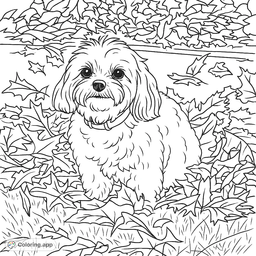 Adorable fluffy dog nestled among a pile of autumn leaves. A charming free printable fall-themed coloring page, perfect for kids and adults.