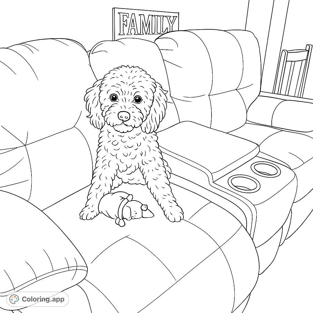An adorable fluffy dog sits on a cozy couch with a toy, ready for a relaxing coloring session. Perfect for pet lovers and all ages!