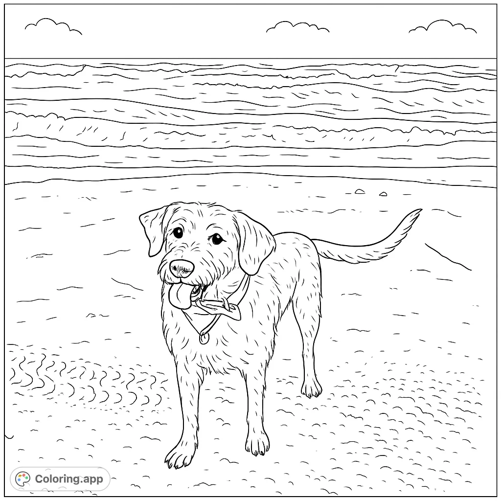 A cheerful dog stands on a sandy beach with ocean waves and clouds in the background, ready for a fun coloring adventure.