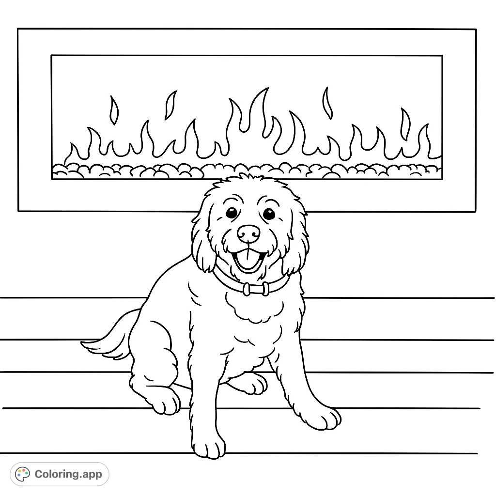 A cheerful dog sits by a warm, crackling fireplace, ready for a cozy coloring session. This free printable dog coloring page is perfect for all ages.