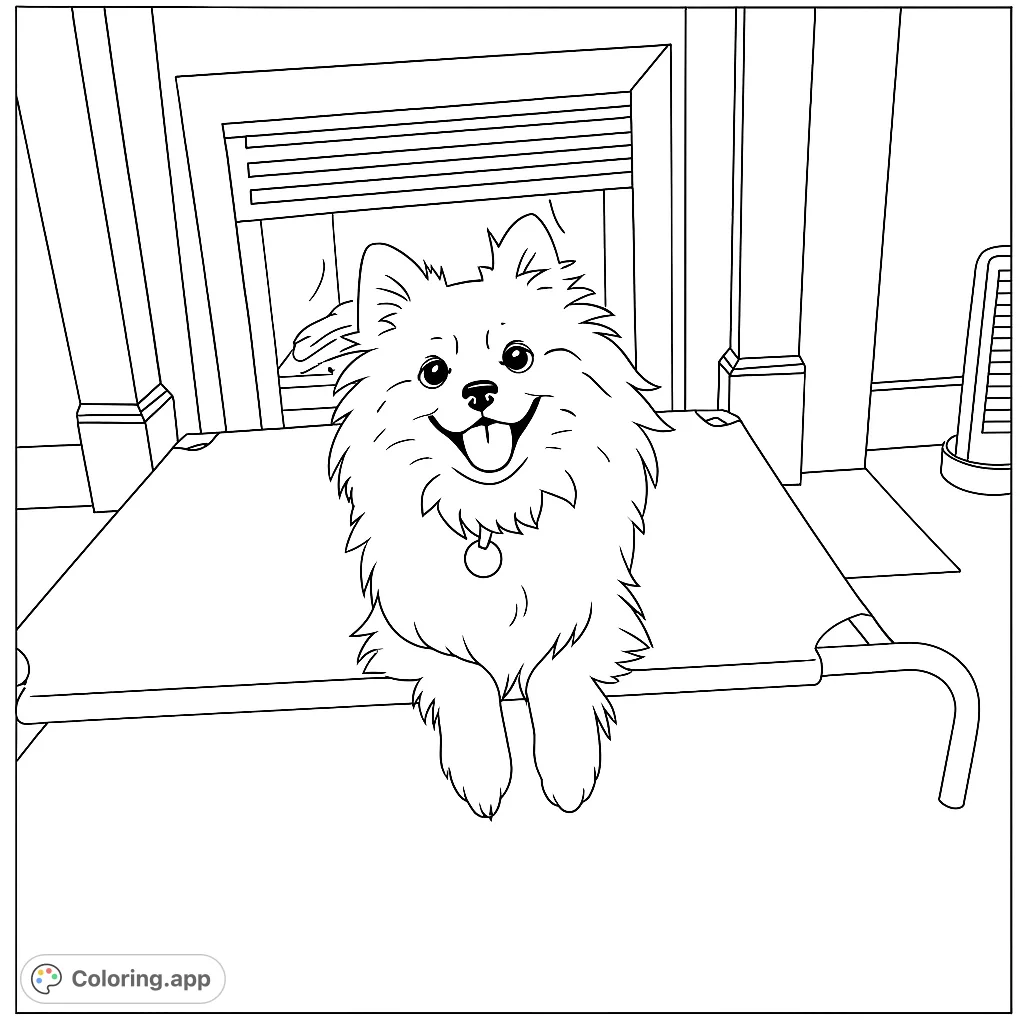 A happy fluffy dog smiles from its cozy dog bed, with a fireplace in the background. A delightful free printable dog coloring page.