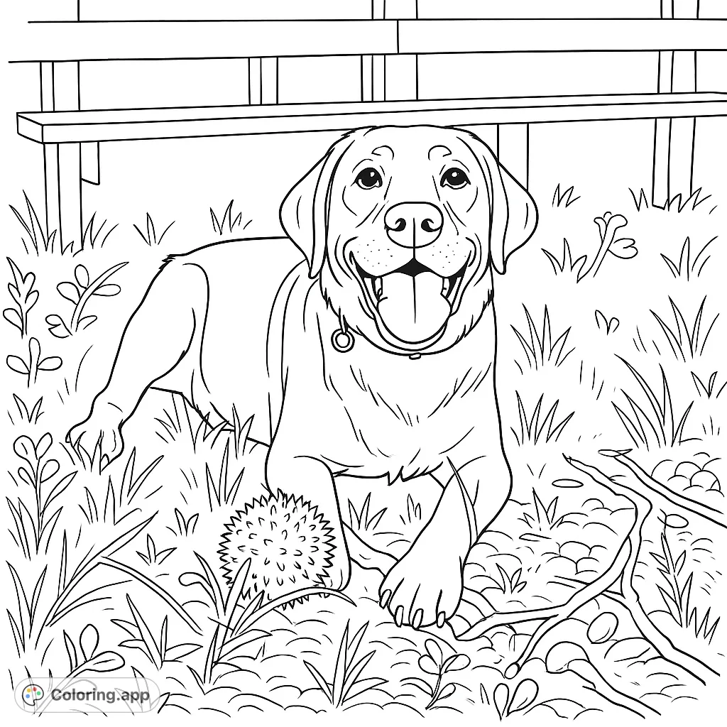 A joyful Labrador retriever lies in a grassy field with a toy, ready for a fun coloring adventure. Perfect for dog lovers!