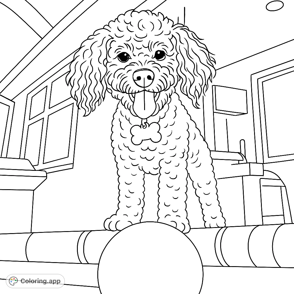 A cheerful poodle balancing on a ball, ready for a fun coloring adventure. This free printable dog coloring page is perfect for pet lovers!