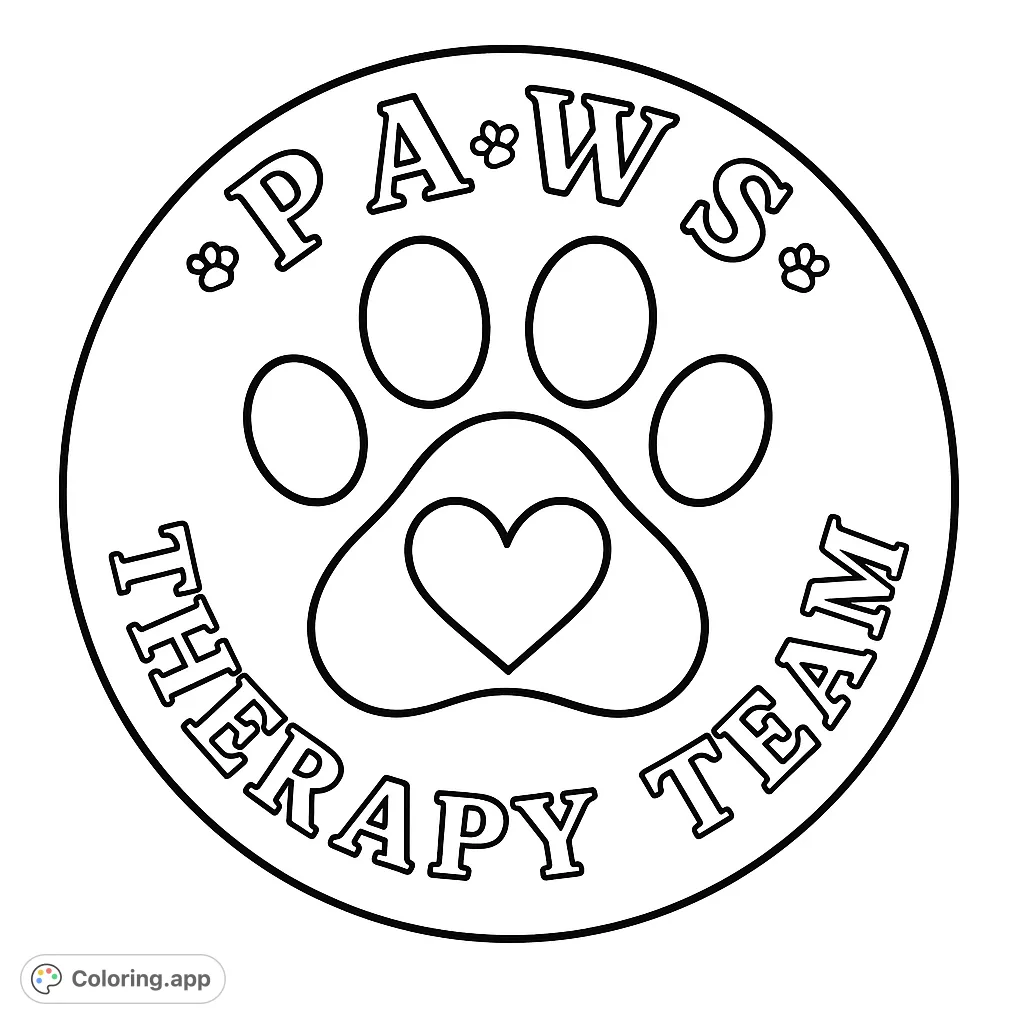 A heartwarming Paws Therapy Team coloring page featuring a paw print with a heart, perfect for animal lovers. Free printable coloring page for kids & adults.