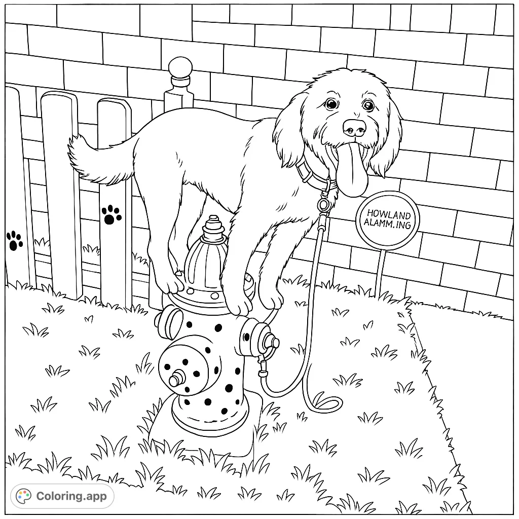 A cheerful dog stands on a fire hydrant, tongue out, ready for fun. A delightful free printable dog coloring page for kids and adults.