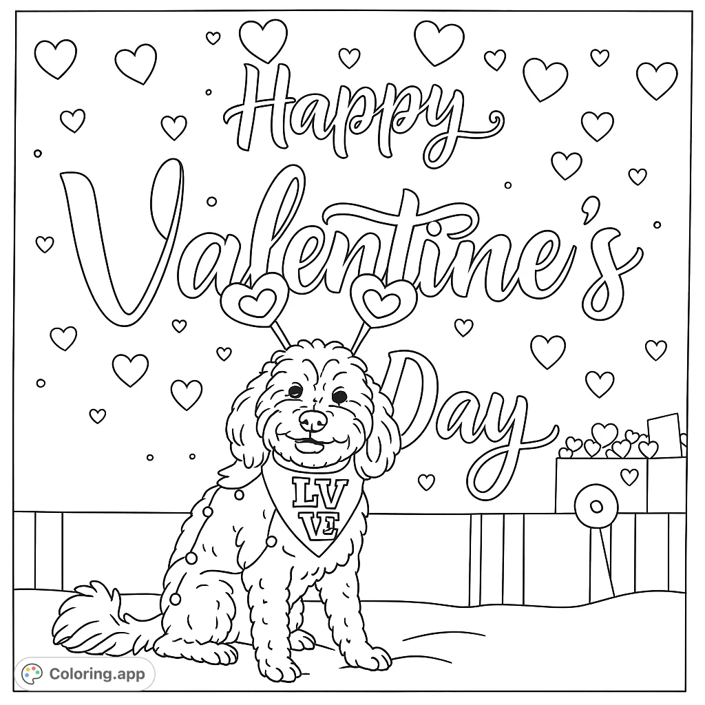 A charming fluffy dog wearing heart antennae and a bandana, surrounded by floating hearts and a box of treats, perfect for a sweet Valentine's Day coloring page.
