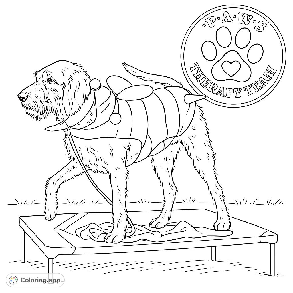 A charming shaggy therapy dog stands on a cot, ready for coloring. Perfect for animal lovers and a free printable coloring page.