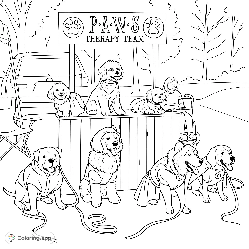 A heartwarming therapy dog team coloring page featuring various breeds, a person, and a booth in an outdoor setting. Free printable coloring page for all ages.