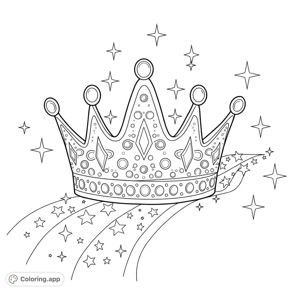 A majestic, intricately detailed royal crown adorned with gems and stars, resting on a magical starry path. Perfect for a princess or royalty themed coloring page.