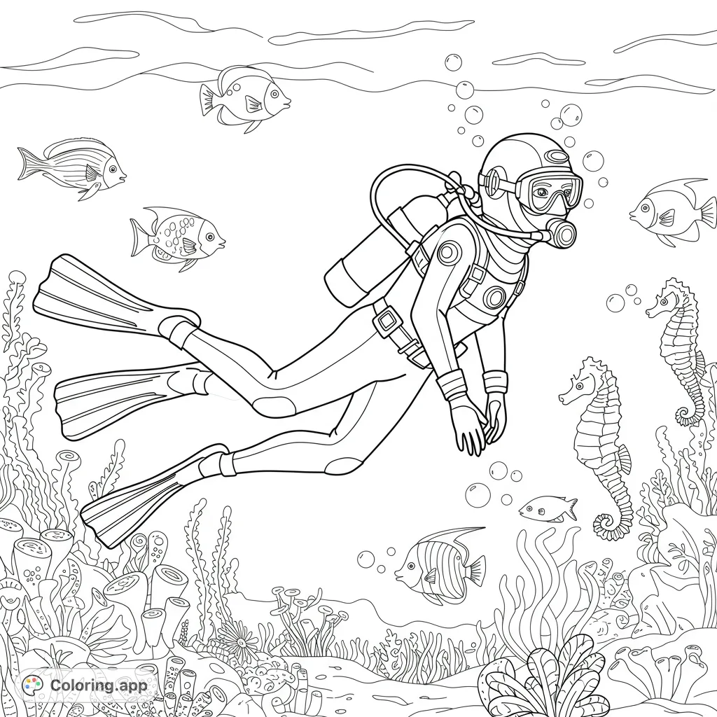 Dive into an exciting underwater scuba adventure coloring page! Explore a vibrant coral reef with a diver, fish, and seahorses. Free printable fun for all ages.
