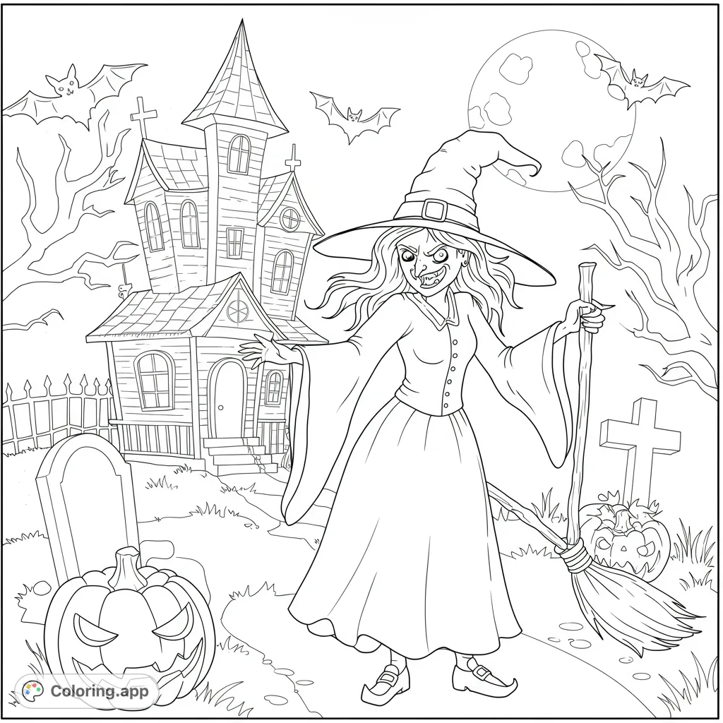 A spooky Halloween scene featuring a menacing witch, haunted house, jack-o'-lanterns, and bats under a full moon. Perfect for a fun, eerie coloring experience!