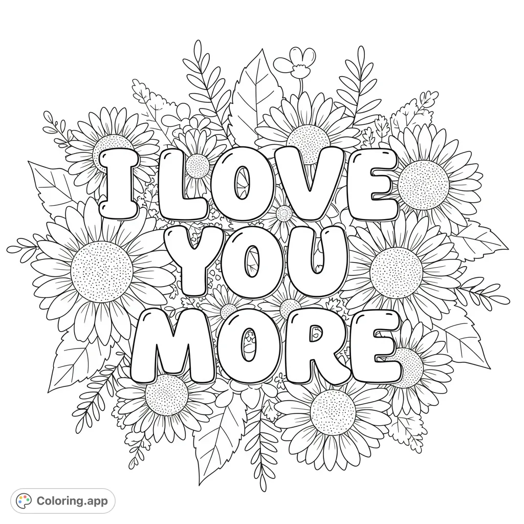 Express love with this "I LOVE YOU MORE" coloring page, featuring bold bubble letters surrounded by a beautiful, intricate floral bouquet.