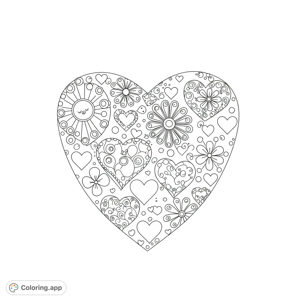 An intricate heart coloring page filled with detailed patterns of smaller hearts, flowers, and a whimsical sun, perfect for mindful coloring.
