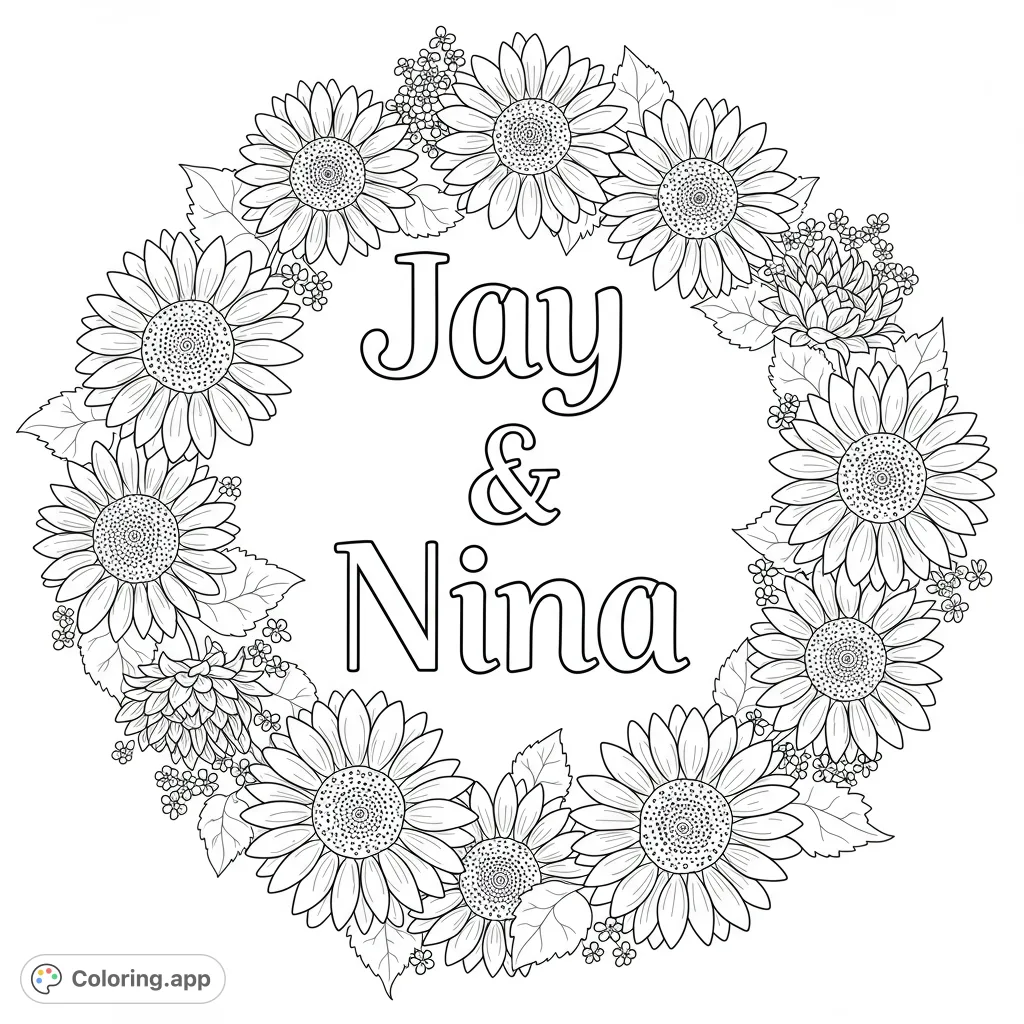 A beautiful sunflower wreath coloring page featuring detailed petals, leaves, and small filler flowers in a circular design. Perfect for nature lovers.
