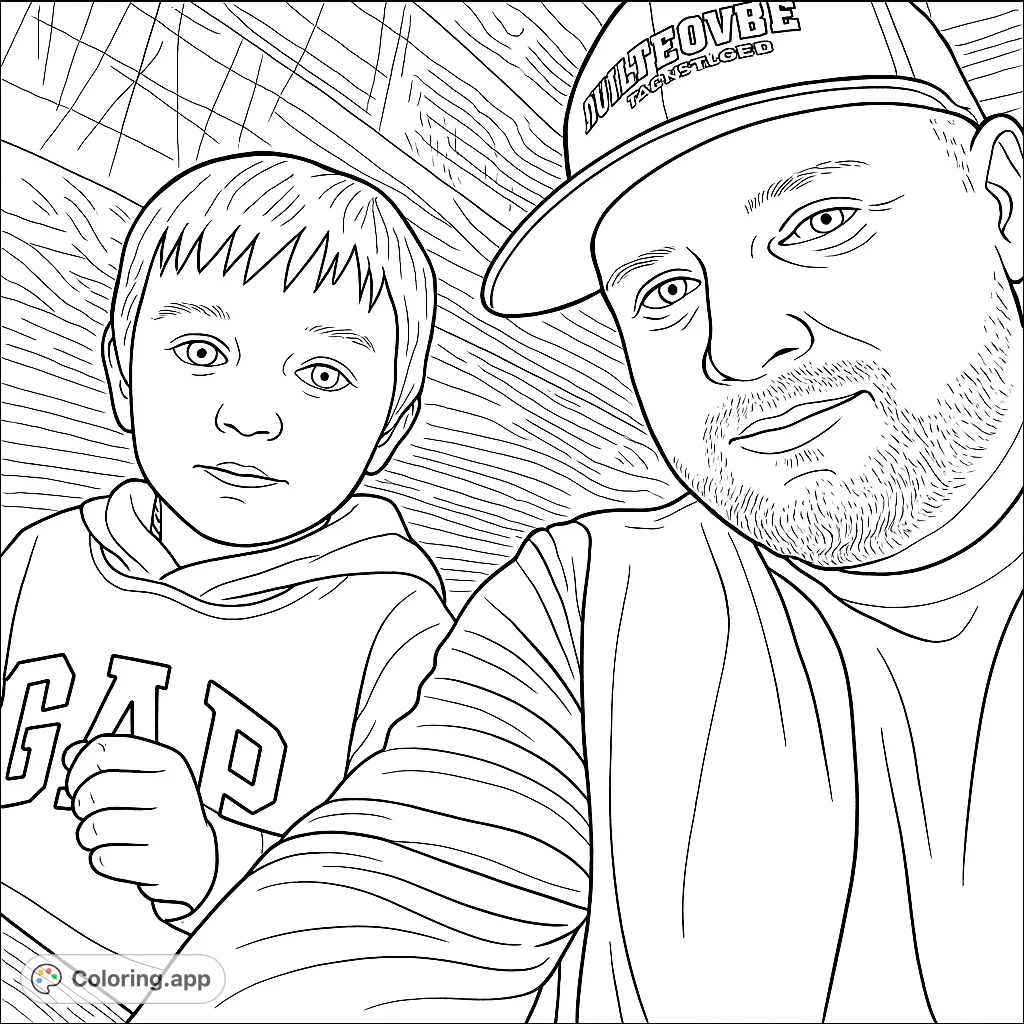 A heartwarming black and white line drawing of a father and son, perfect for a free printable family coloring page for kids and adults.