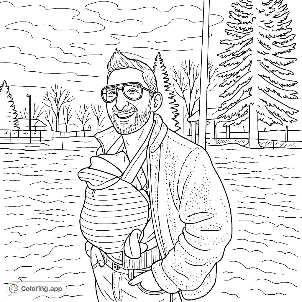 A heartwarming free printable coloring page featuring a smiling dad carrying his baby outdoors, perfect for family-themed coloring pages for kids and adults.