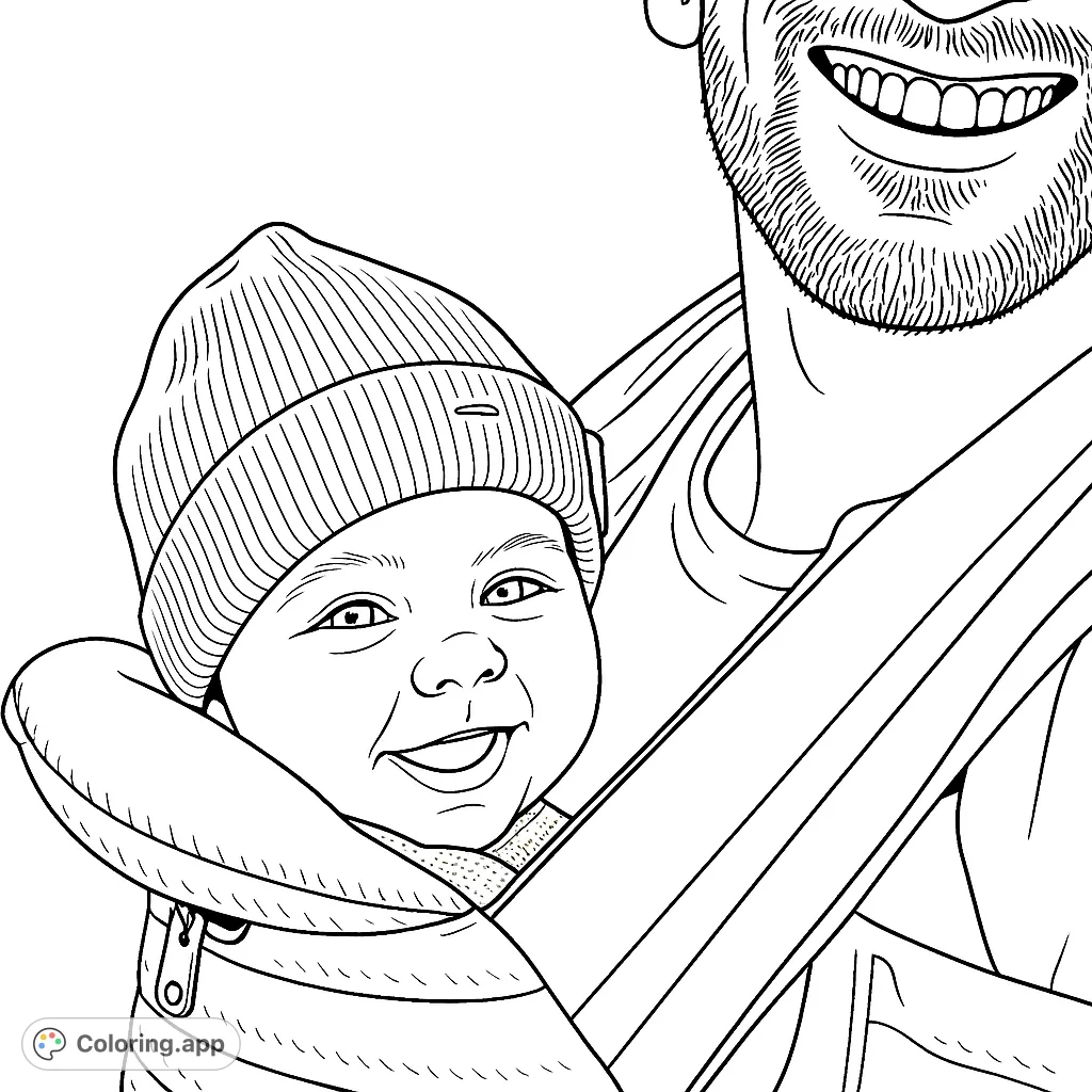 A heartwarming free printable family bonding coloring page featuring a smiling baby in a carrier with a joyful adult, perfect for all ages.