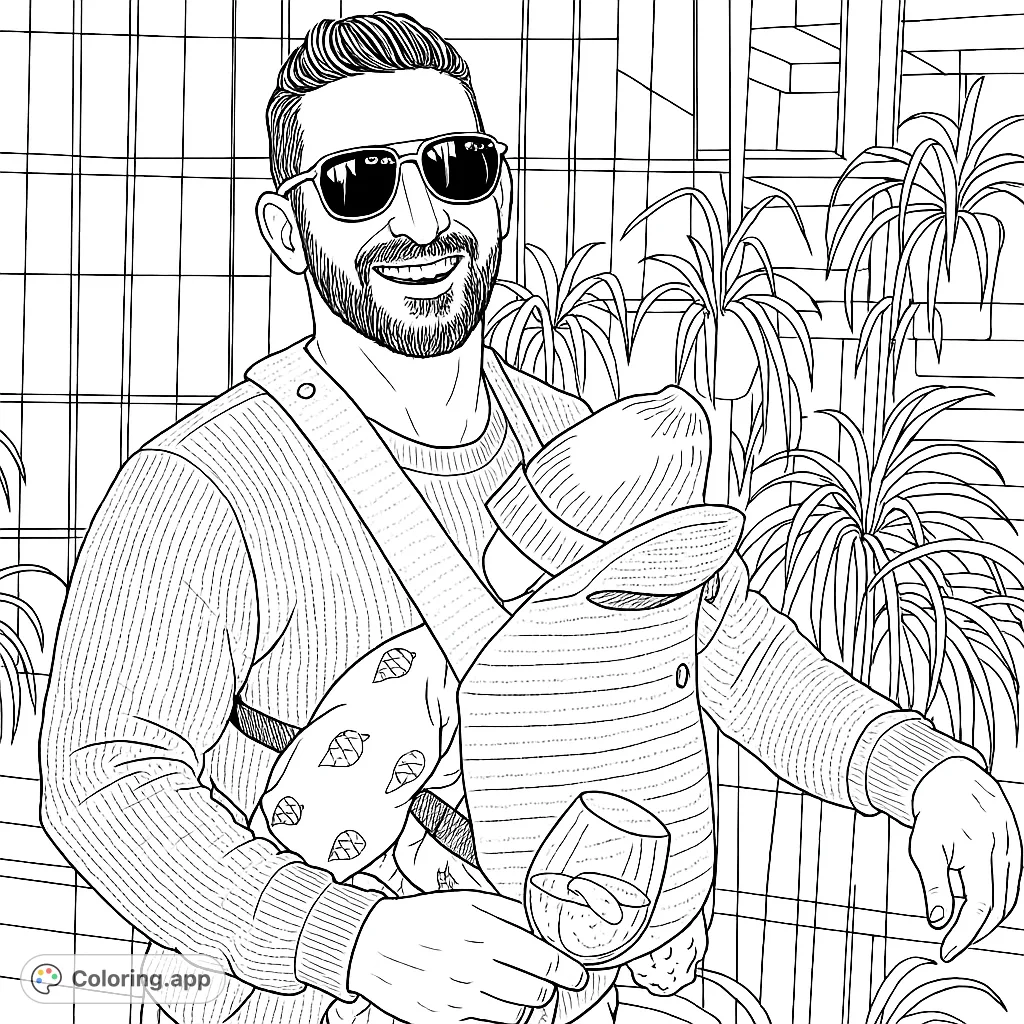 A heartwarming family bonding coloring page featuring a smiling dad with sunglasses holding his baby in a carrier, enjoying a moment with a drink.