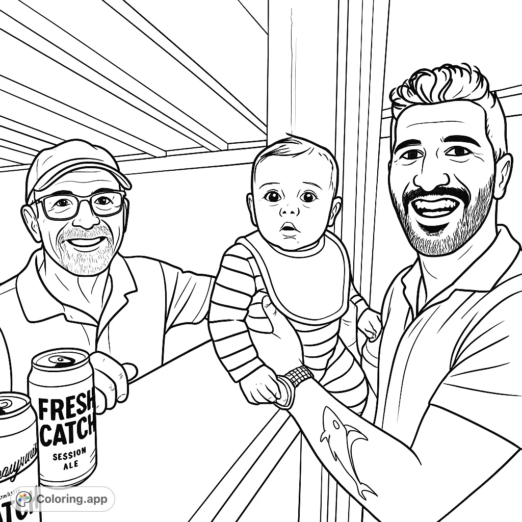A heartwarming three generations family portrait featuring a grandfather, father, and baby, perfect for a free printable family coloring page.