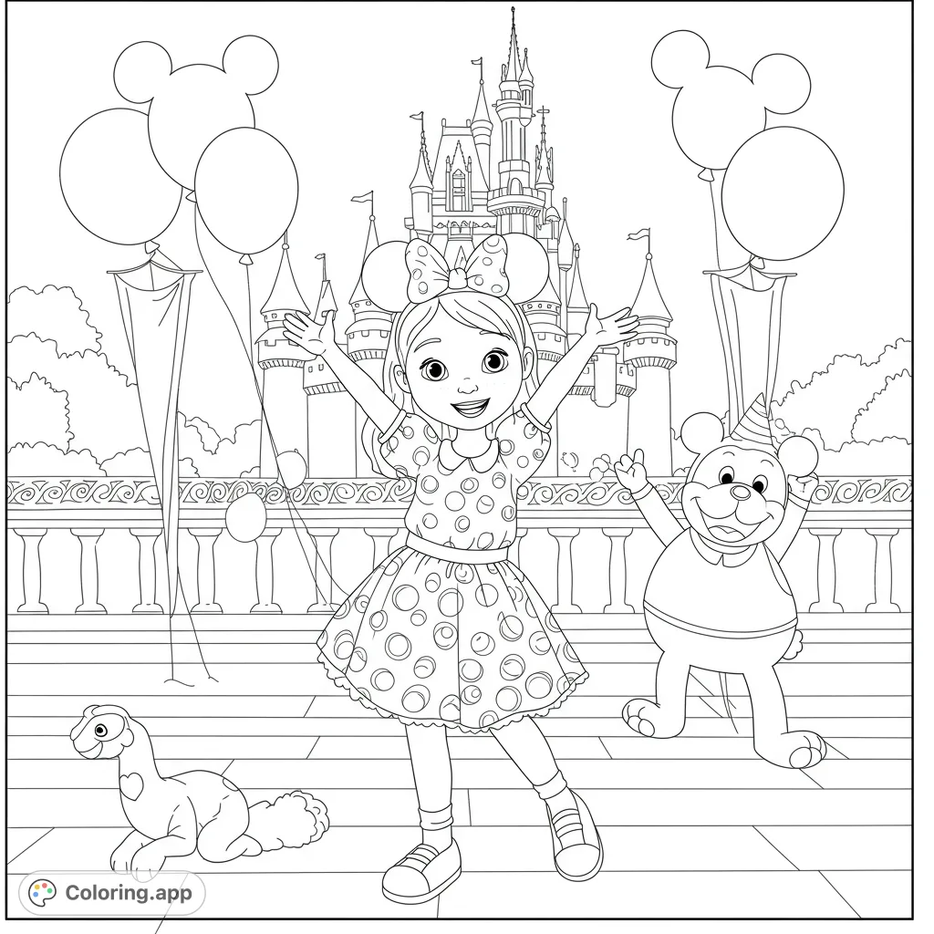 A joyful girl in Minnie ears and a polka dot dress with a castle backdrop, balloons, and fun characters. A magical free printable coloring page!