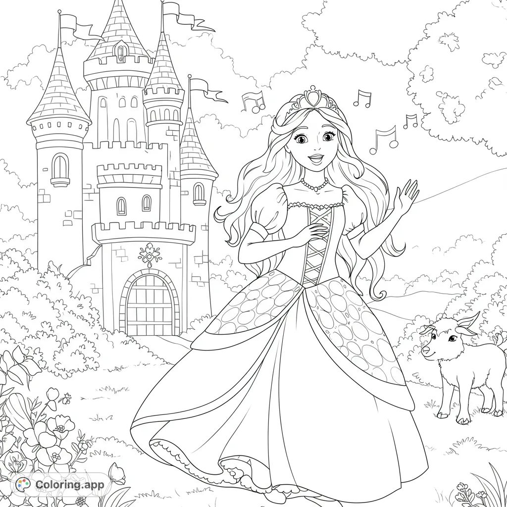 A beautiful princess sings in front of her grand castle, accompanied by a cute baby goat. A magical fairytale scene perfect for coloring fun!