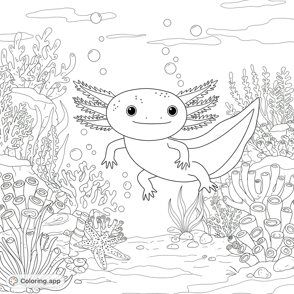 A charming axolotl floats amidst vibrant corals and sea plants in a delightful underwater scene, perfect for a free printable axolotl coloring page.